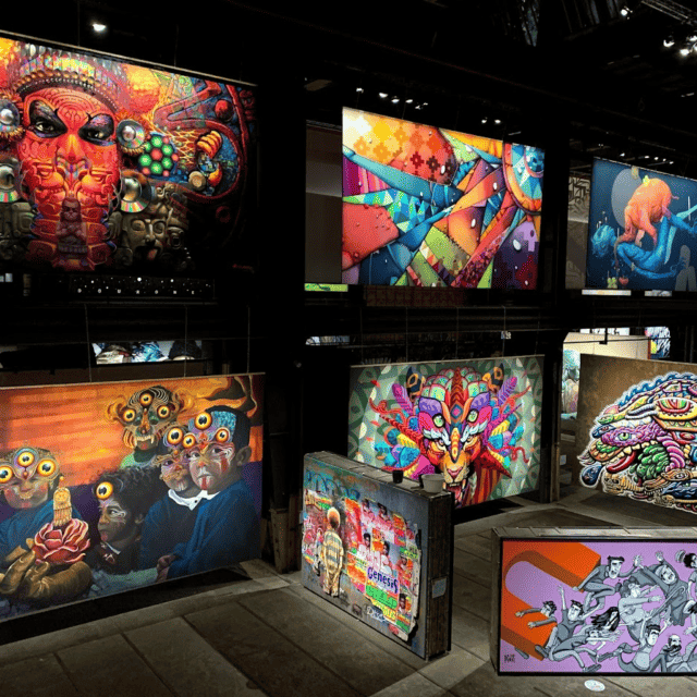 Large colorful street art murals cover every wall at Straat Museum in Amsterdam Noord