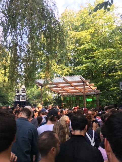 People gather at a festival in a forested area