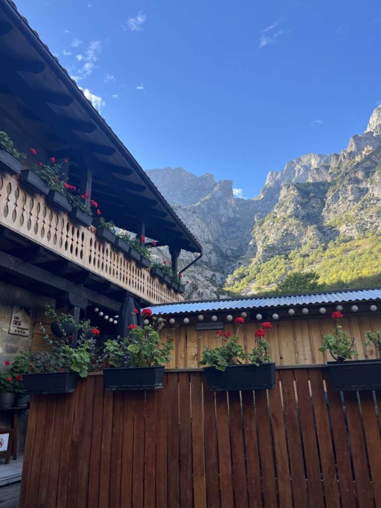 Mountain Escape of small house with red flowers with mountains in the background.