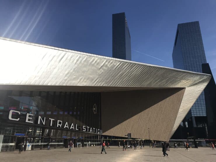 Rotterdam Central Station a large metal mirrored triangle structure 